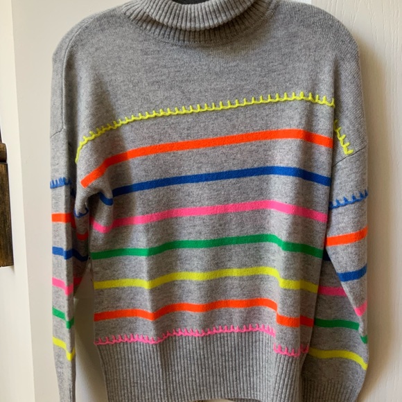 BEAUTIFUL NEW AUTUMN GRAY CASHMERE MULTI STRIPED BRETON CASHMERE SWEATER - Picture 6 of 16